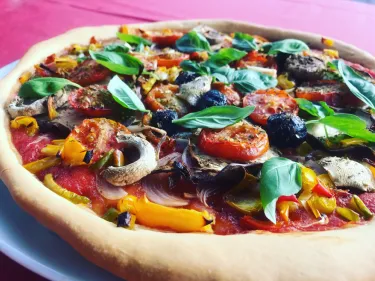 Grilled Mediterranean Veg Pizza with “pizza” hummus