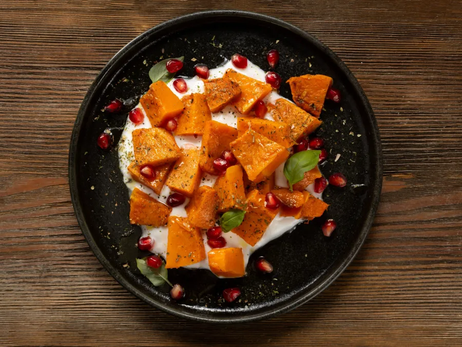 Spiced pumpkin with yoghurt dipping sauce