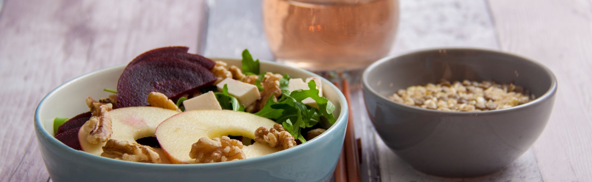 Beetroot and apple salad with lentils, brown rice and walnuts